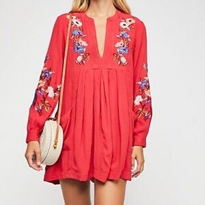 Floral Embroidered Red Dress